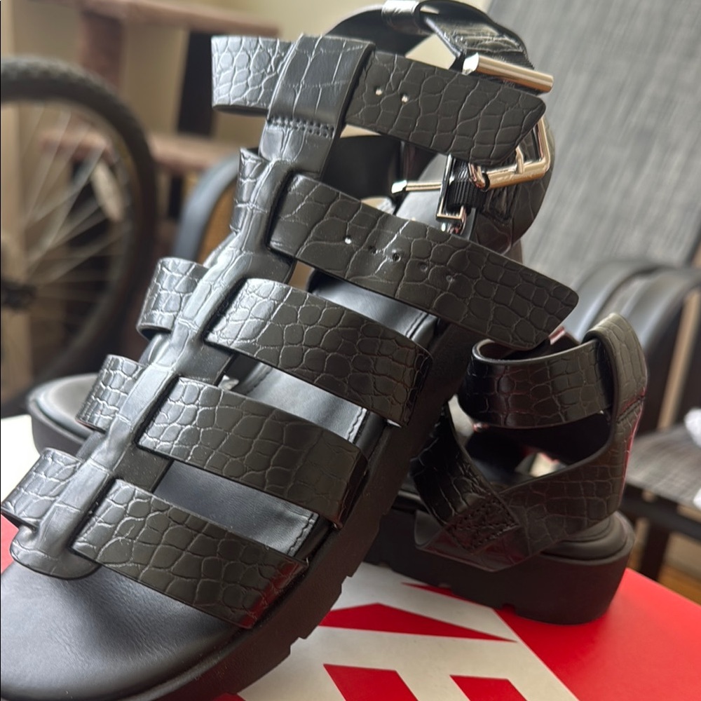 Black Croc Embossed Gladiator Sandals
